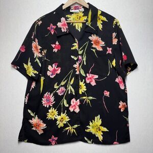 Alfred Dunner Floral Button Front Blouse Black Pink Yellow Size 16